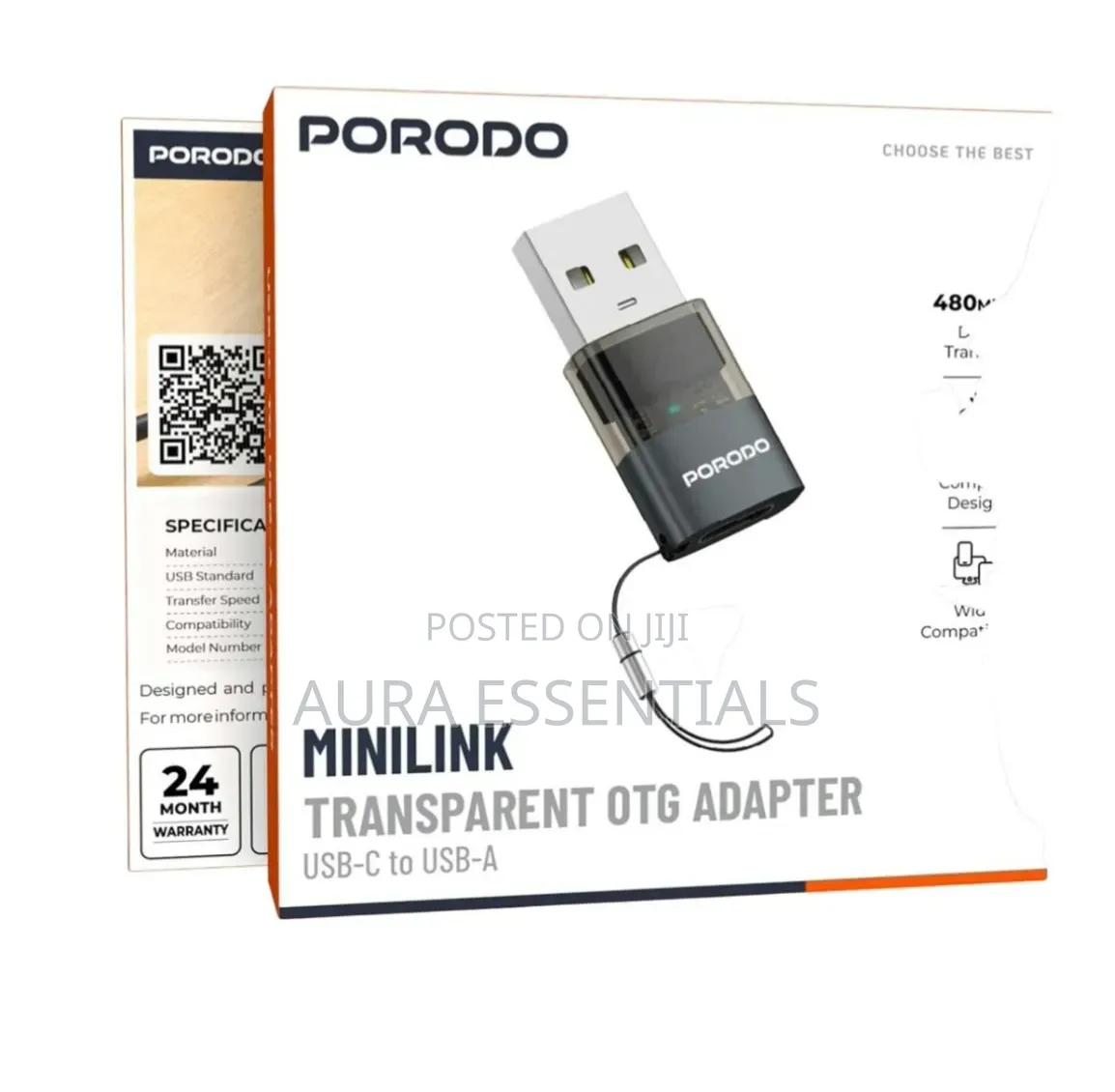 Porodo Minilink Transparent OTG Adapter USB-C to USB-A