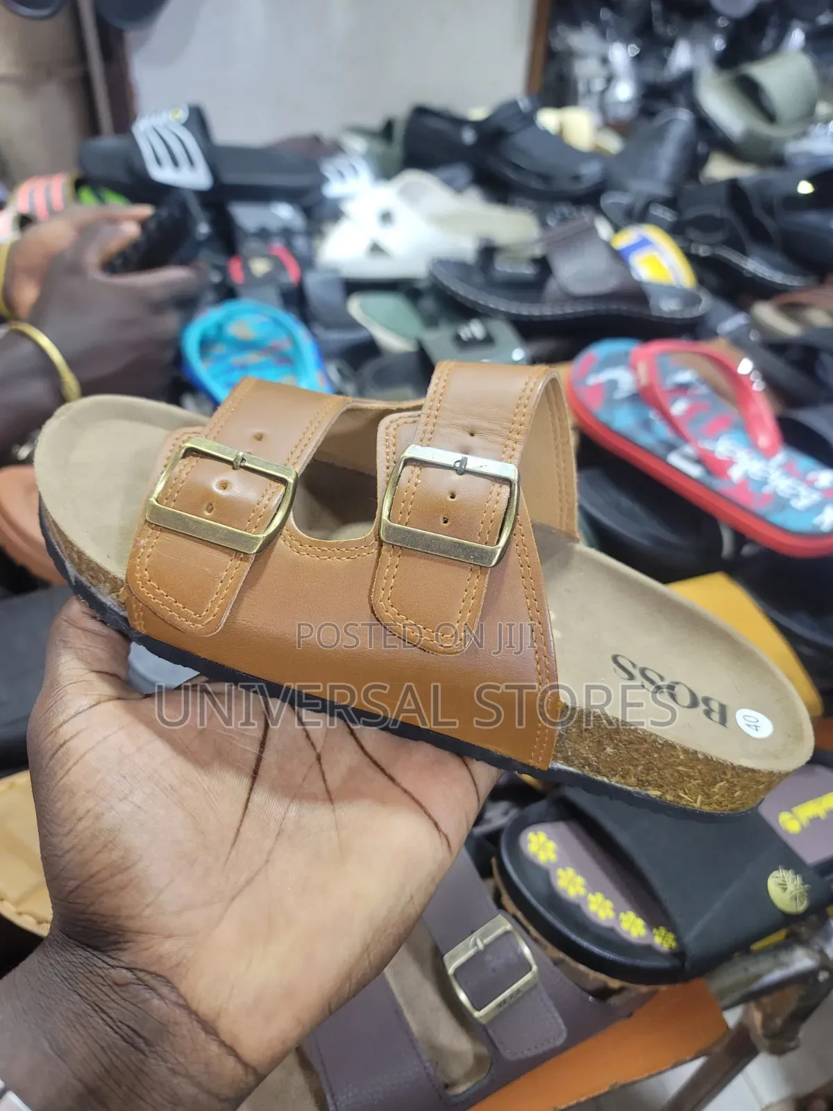 Brown Double-Buckle Slide Sandal With a Cork-Style Footbed and "BOSS"