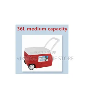36-Liter Red and White Plastic Wheeled Cooler Box