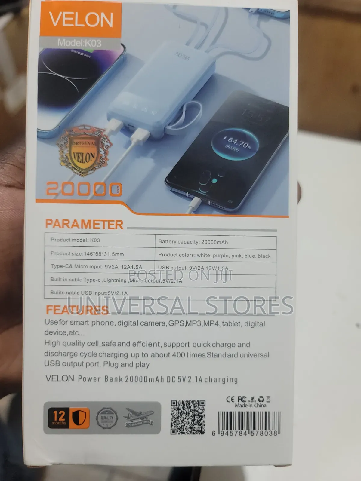 Velon 20000mAh Power Bank (Model: K03)
