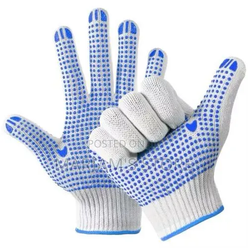 Cotton Knitted Safety Gloves With Blue PVC Dot Grips on the Palm