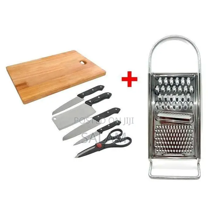 Wooden Cutting Board, Knife Set, Scissors & Stainless Steel Grater