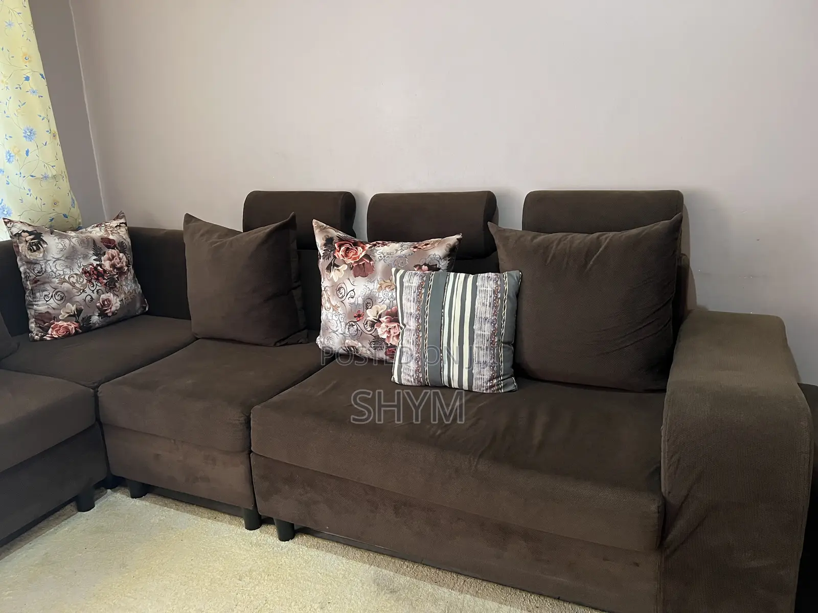 L-Shaped 6 Seater Sofa - Brown - With Pillows - Very Clean