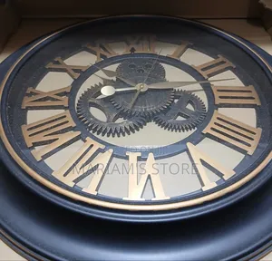 Large Vintage-Style Wall Clock in a Black Frame and 3D Gold Roman