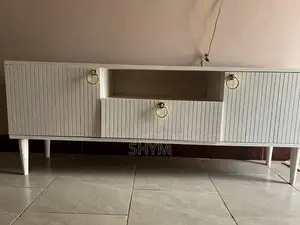 Modern White TV Stand - 2 Doors + Drawer - Gold Handles