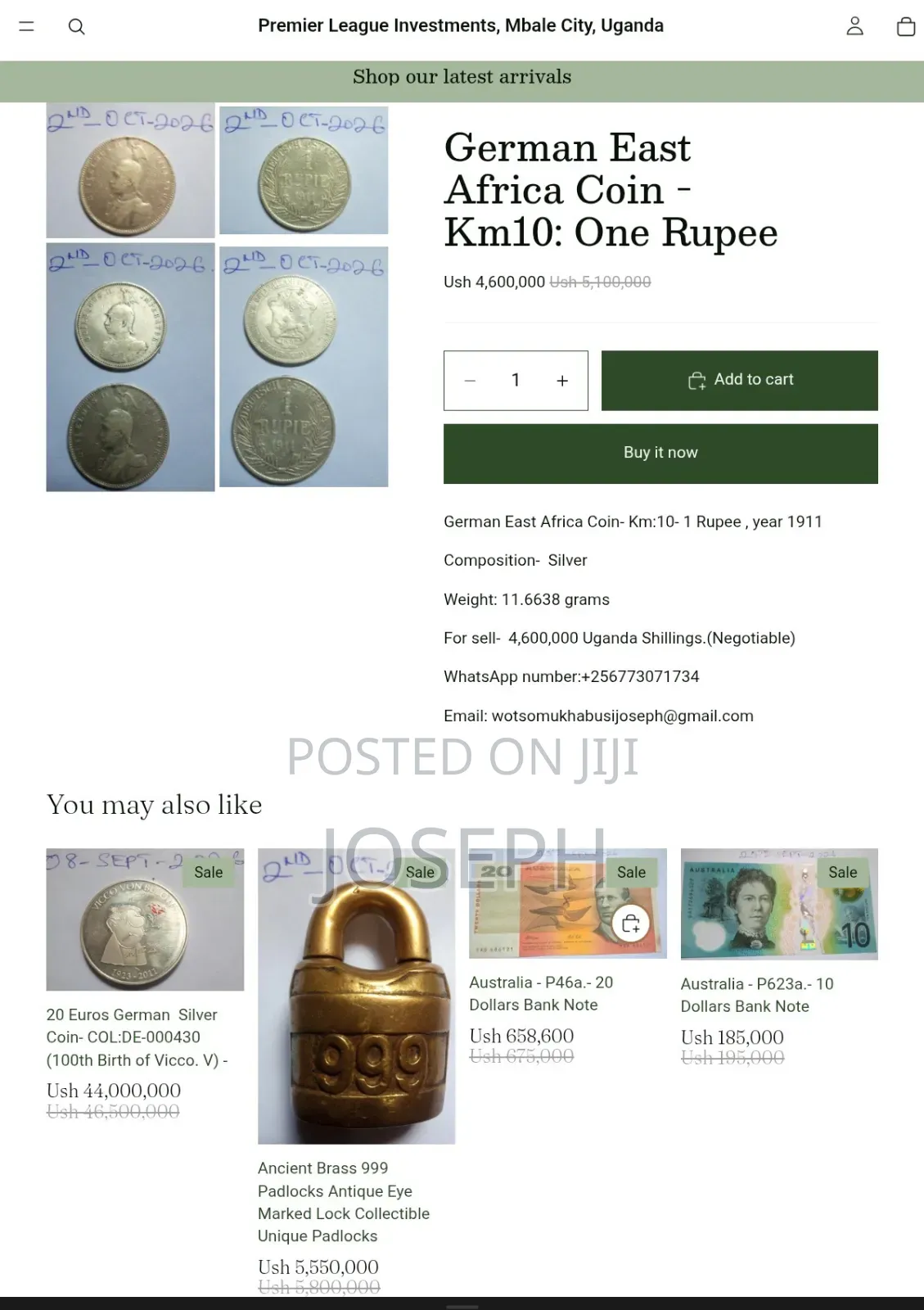Commemorative -German East Africa Coin- Km:10- 1 Rupee , Year 1911