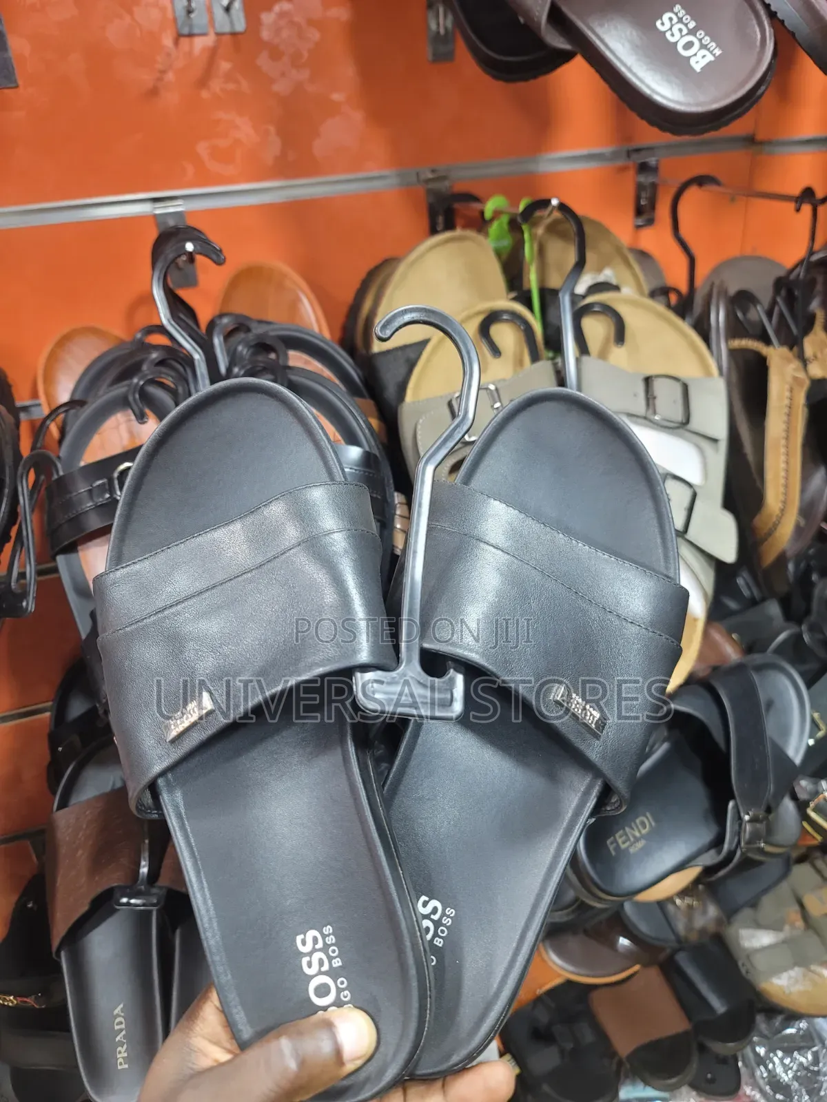 Black Hugo Boss-Branded Leather Slide Sandals.