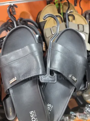 Black Hugo Boss-Branded Leather Slide Sandals.