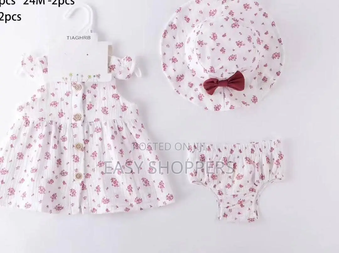 2pcs White Baby Girl Outfit Pink Matching Bloomer and Sunhat