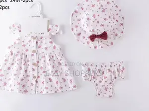 2pcs White Baby Girl Outfit Pink Matching Bloomer and Sunhat