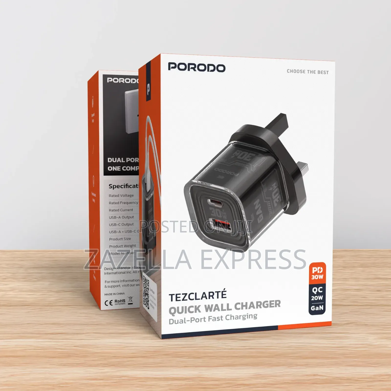 Porodo Tezclarte 30W Gan Charger USB 3.0 Adapter With Transparent Shel