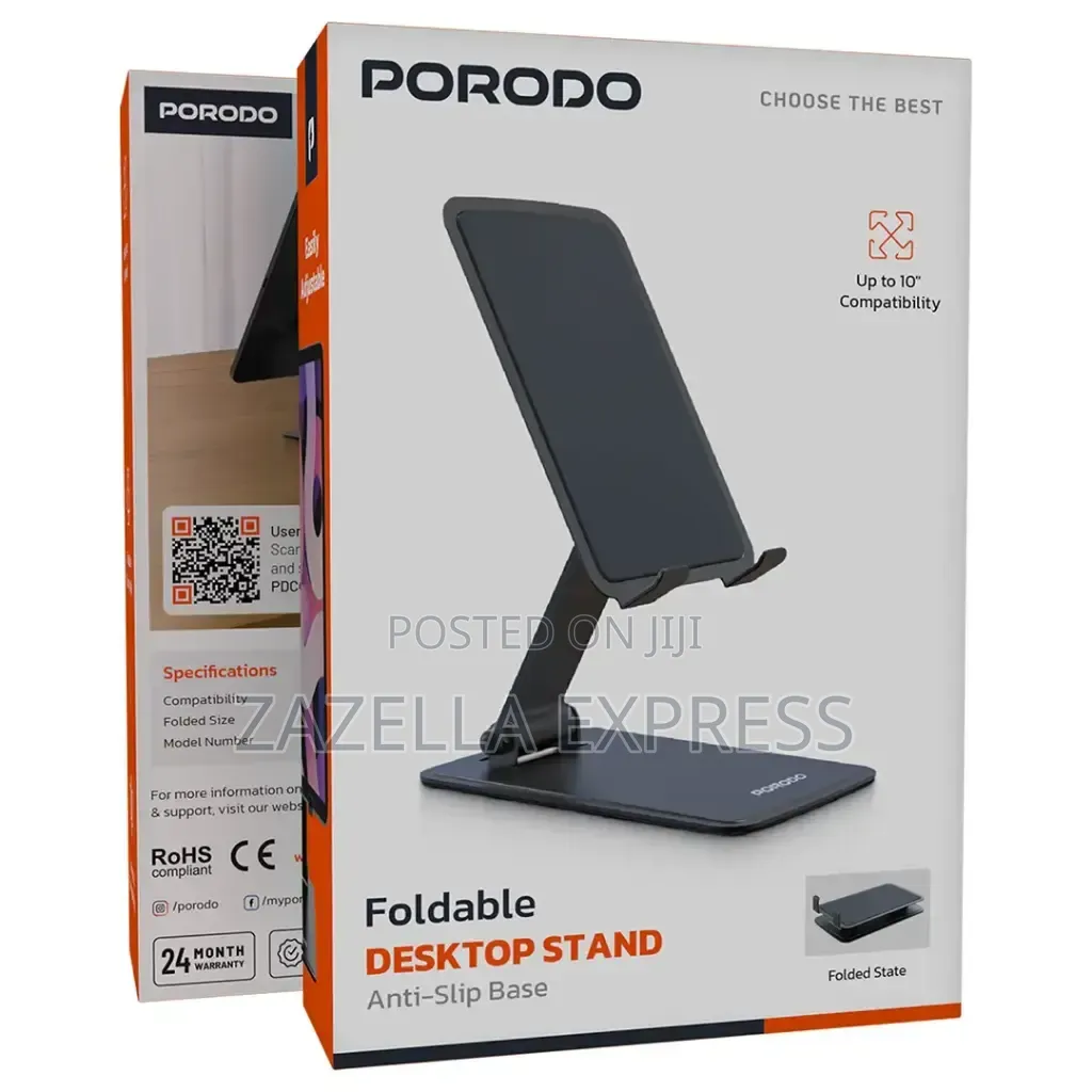 Porodo Foldable Desktop Phone Stand With Anti-Slip Base, 360° Rotation