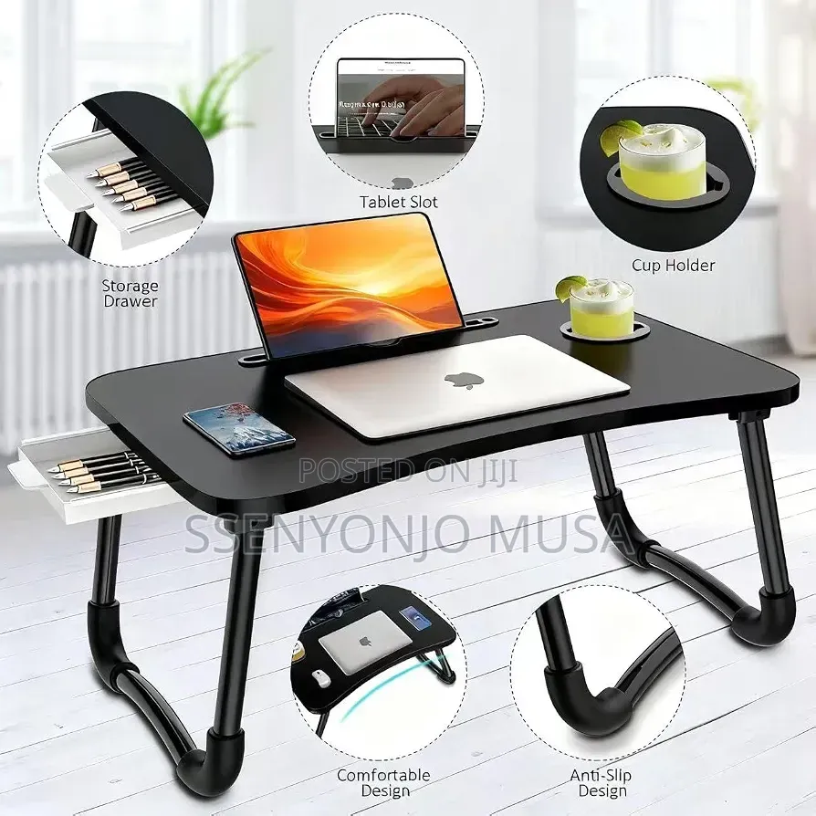 Foldable Laptop Bed Tray Table With Storage & Cup Holder
