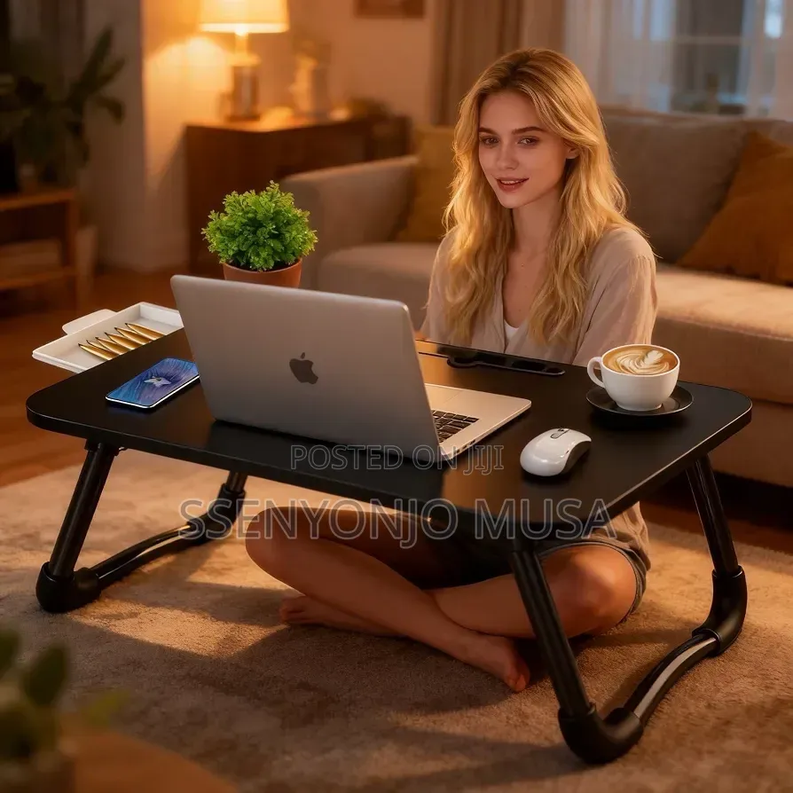 Foldable Laptop Bed Tray Table With Storage & Cup Holder