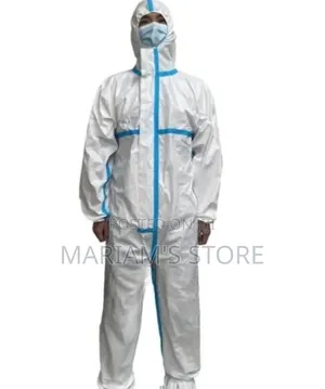 White Disposable Protective Coverall Featuring a Hood and Blue Taped