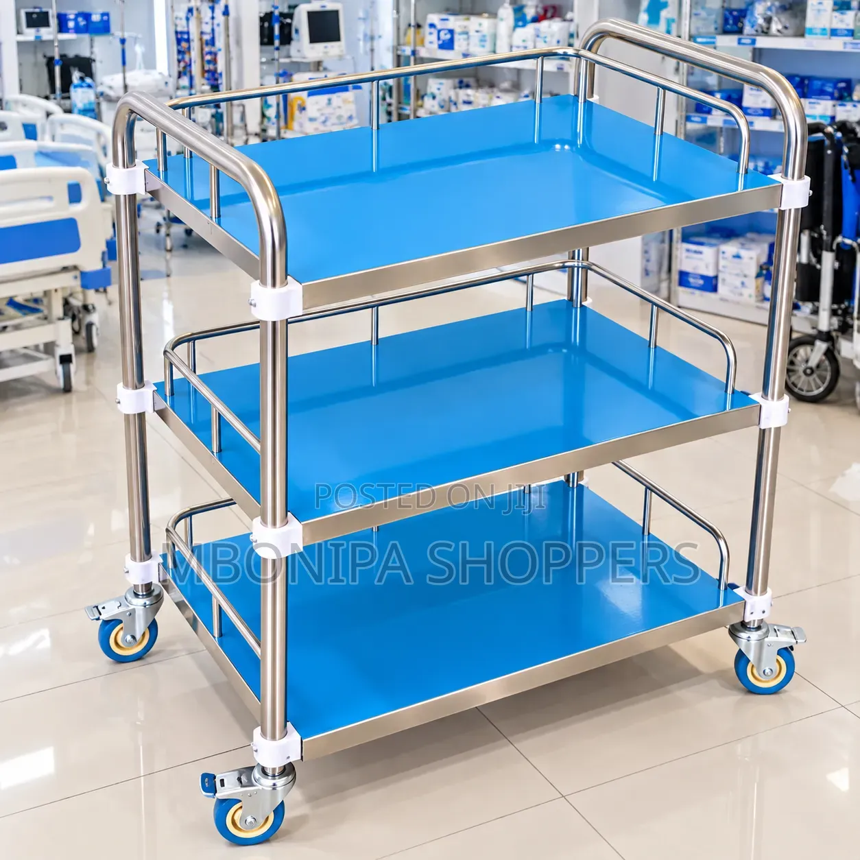3-Tier Stainless Steel Medical Utility Trolley – Blue