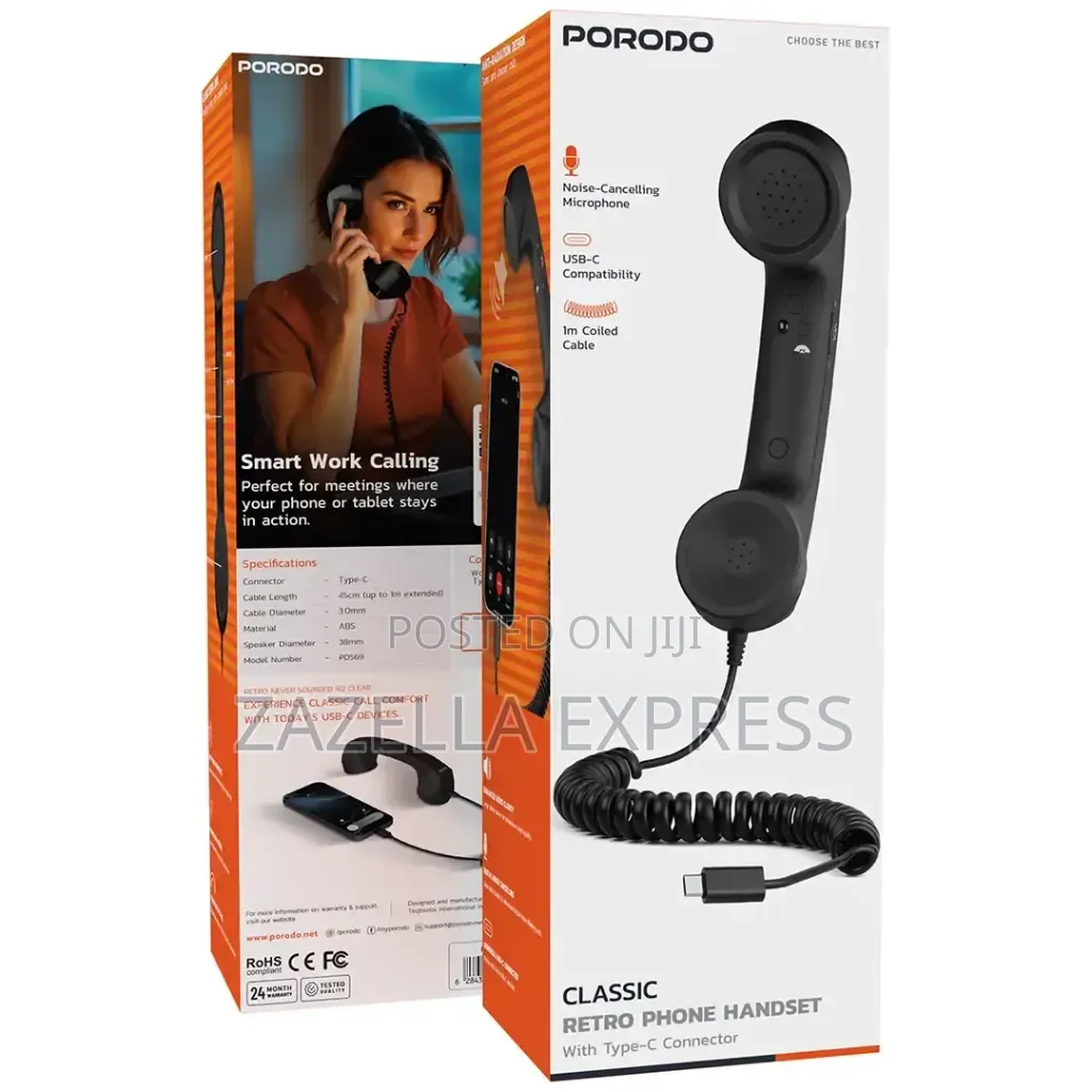 Porodo Classic Retro Phone Handset Type C,Noise Cancelling Microphone