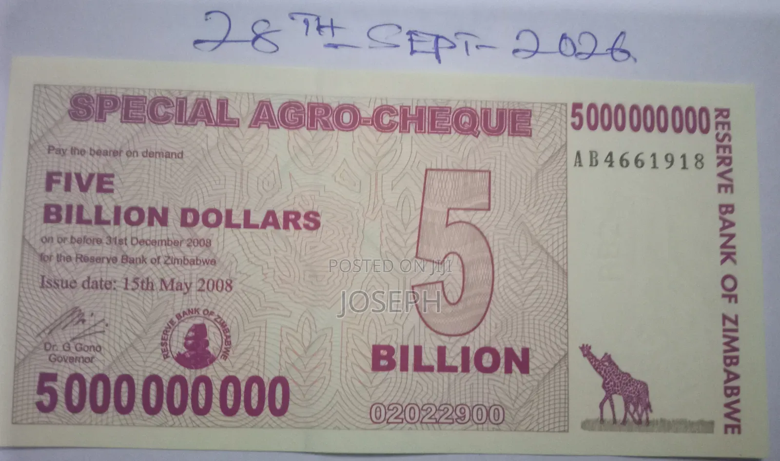 Commemorative Zimbabwe-- P61 - Five Billion Bank Note