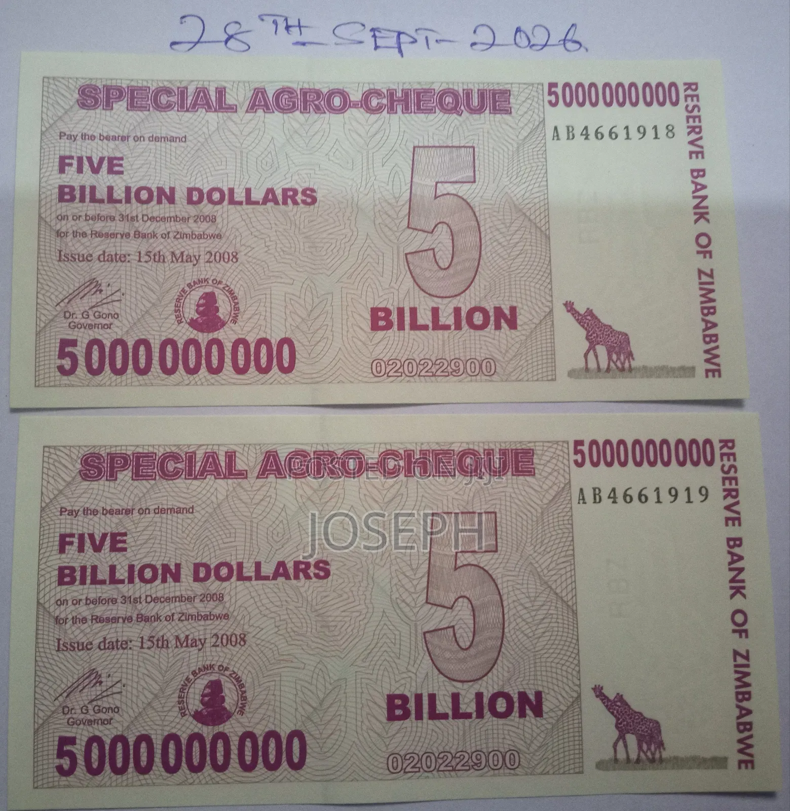 Commemorative Zimbabwe-- P61 - Five Billion Bank Note
