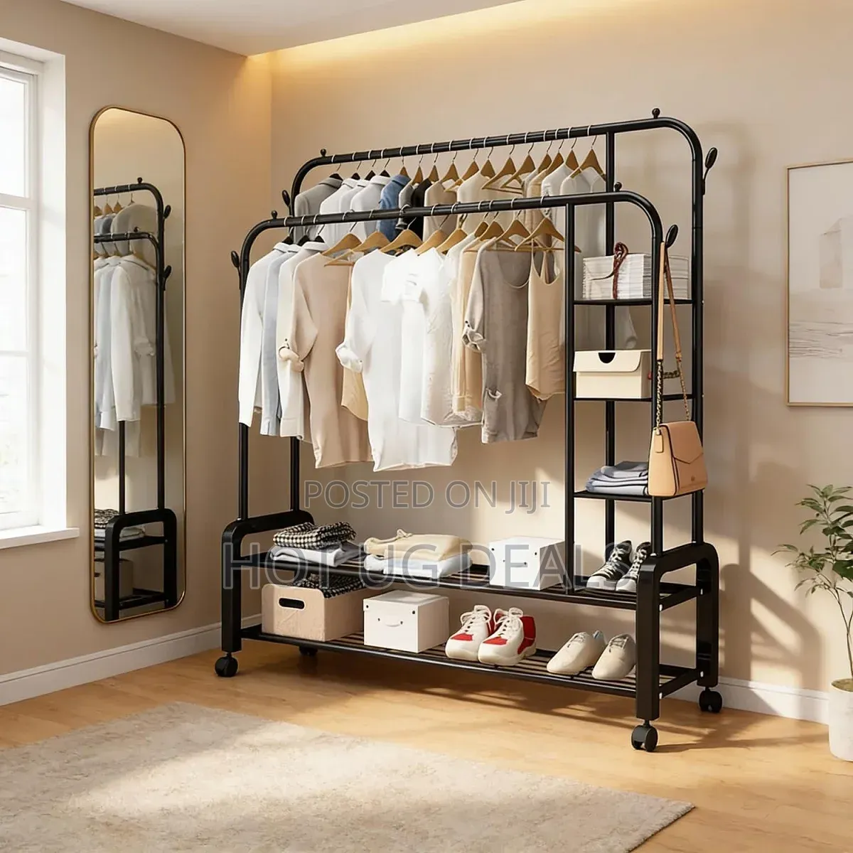 Garment Rack Wide Clothes Rail With 2 Hanging Rails, 4 Hooks & Shelves