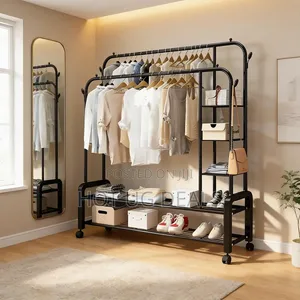 Garment Rack Wide Clothes Rail With 2 Hanging Rails, 4 Hooks & Shelves