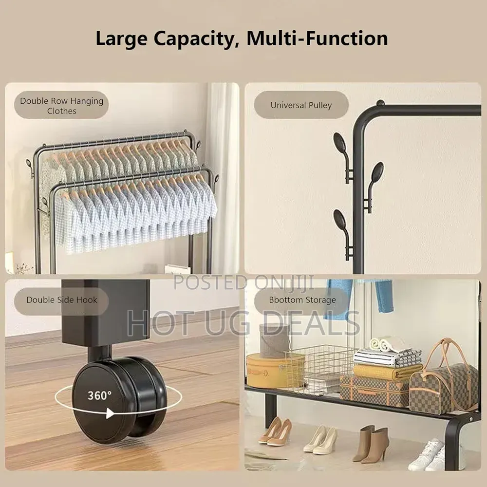 Garment Rack Wide Clothes Rail With 2 Hanging Rails, 4 Hooks & Shelves