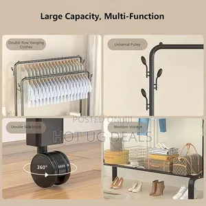Garment Rack Wide Clothes Rail With 2 Hanging Rails, 4 Hooks & Shelves