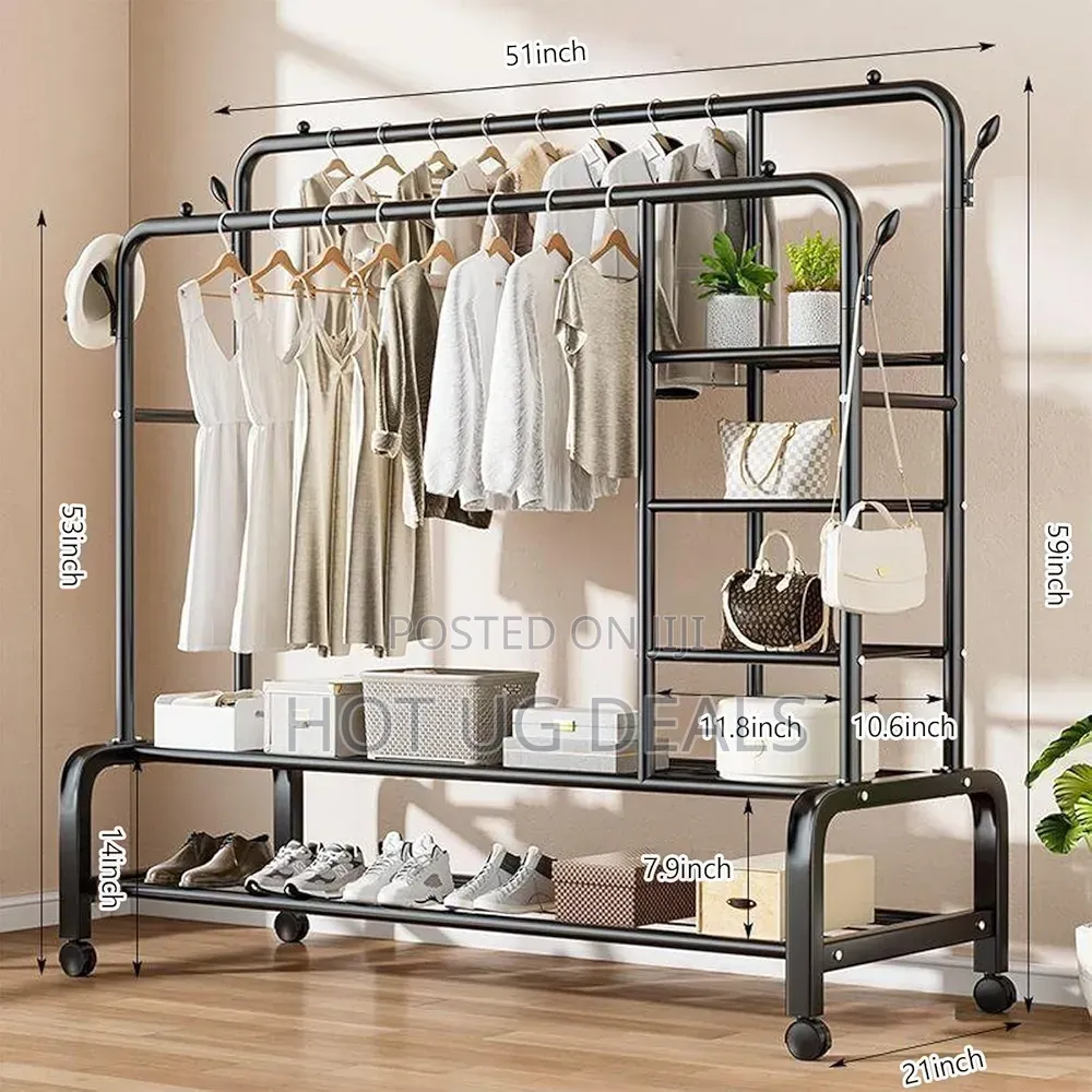 Garment Rack Wide Clothes Rail With 2 Hanging Rails, 4 Hooks & Shelves