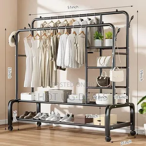 Garment Rack Wide Clothes Rail With 2 Hanging Rails, 4 Hooks & Shelves