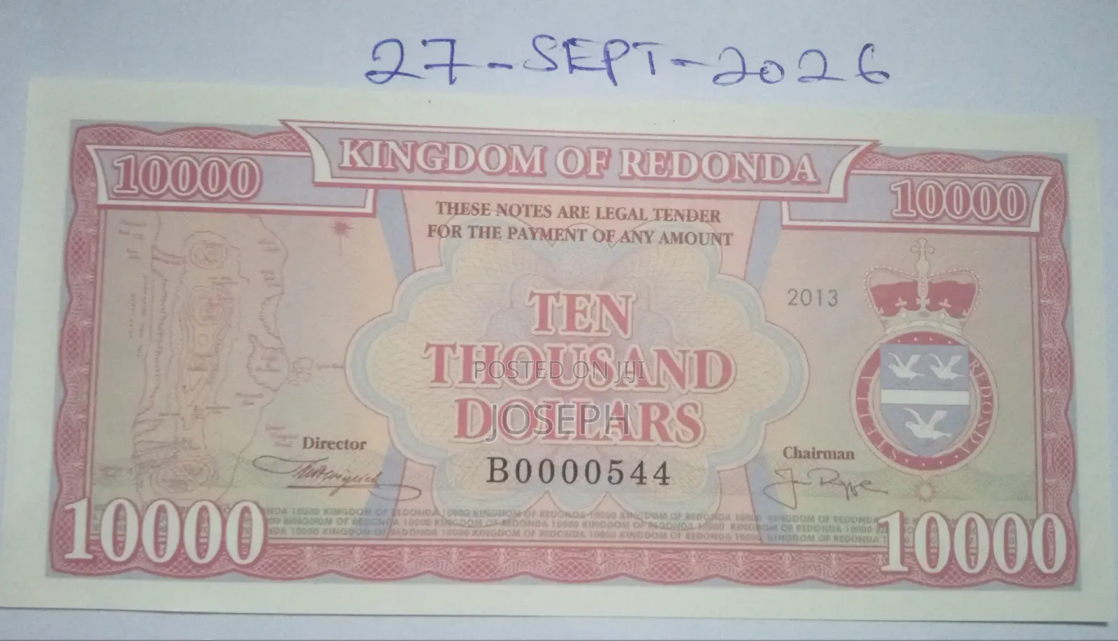 Kingdom of Redonda - Colnect Codes- RED -6.- 10,000 Dollars Bank Note