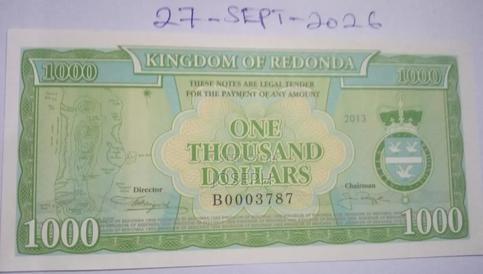 Kingdom of Redonda - Colnect Codes- RED -5.- 1,000 Dollars Bank Note