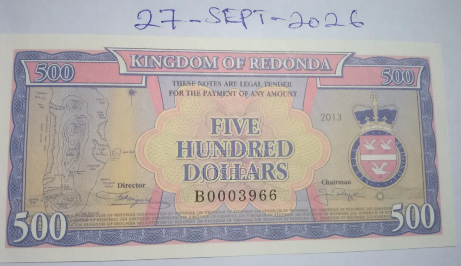 Kingdom of Redonda - Colnect Codes- RED -3.- 500 Dollars Bank Note