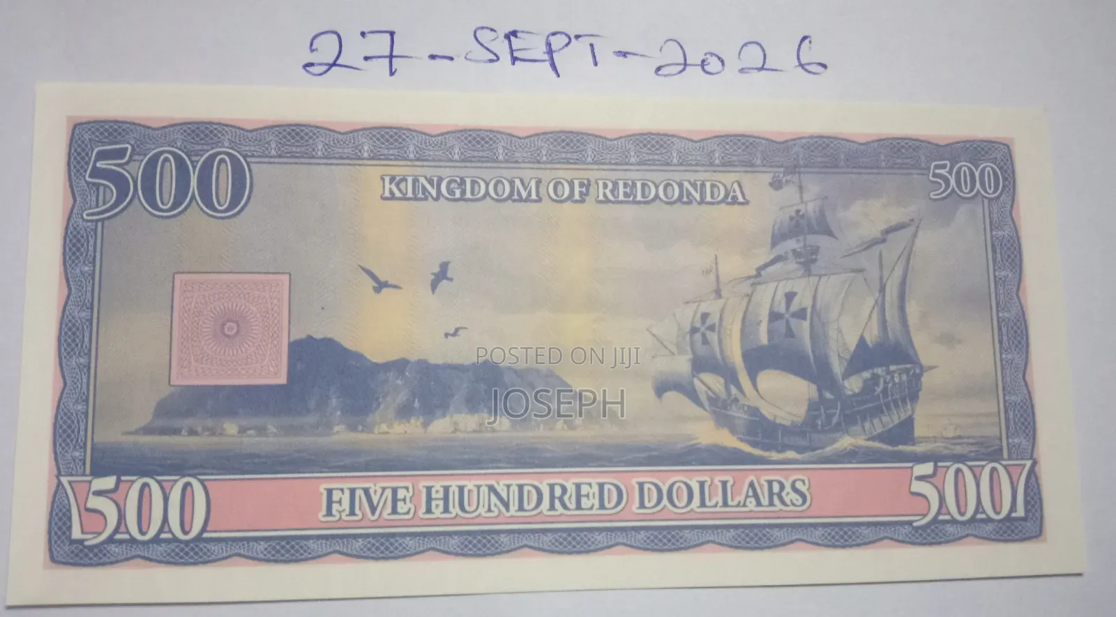 Kingdom of Redonda - Colnect Codes- RED -3.- 500 Dollars Bank Note