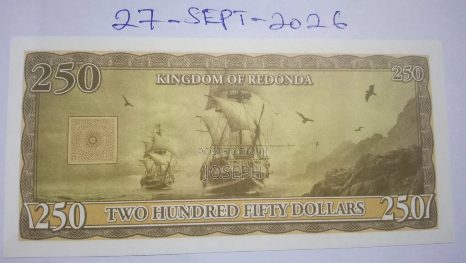 Kingdom of Redonda - Colnect Codes- RED -2.- 250 Dollars Bank Note