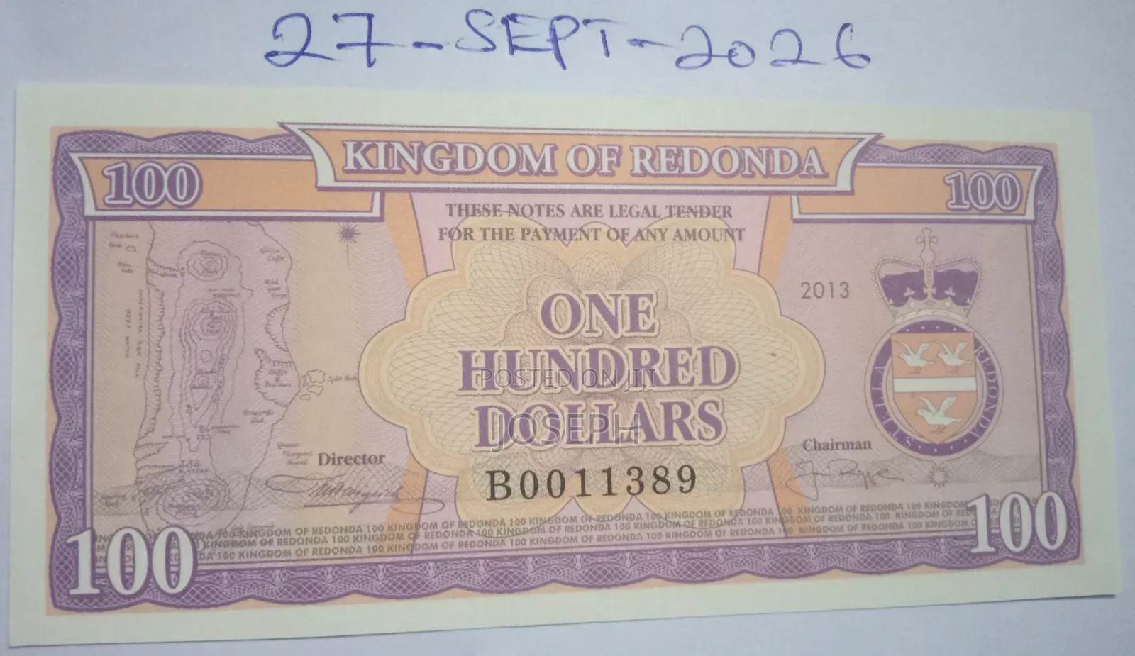Kingdom of Redonda - Colnect Codes- RED -1.- 100 Dollars Bank Note
