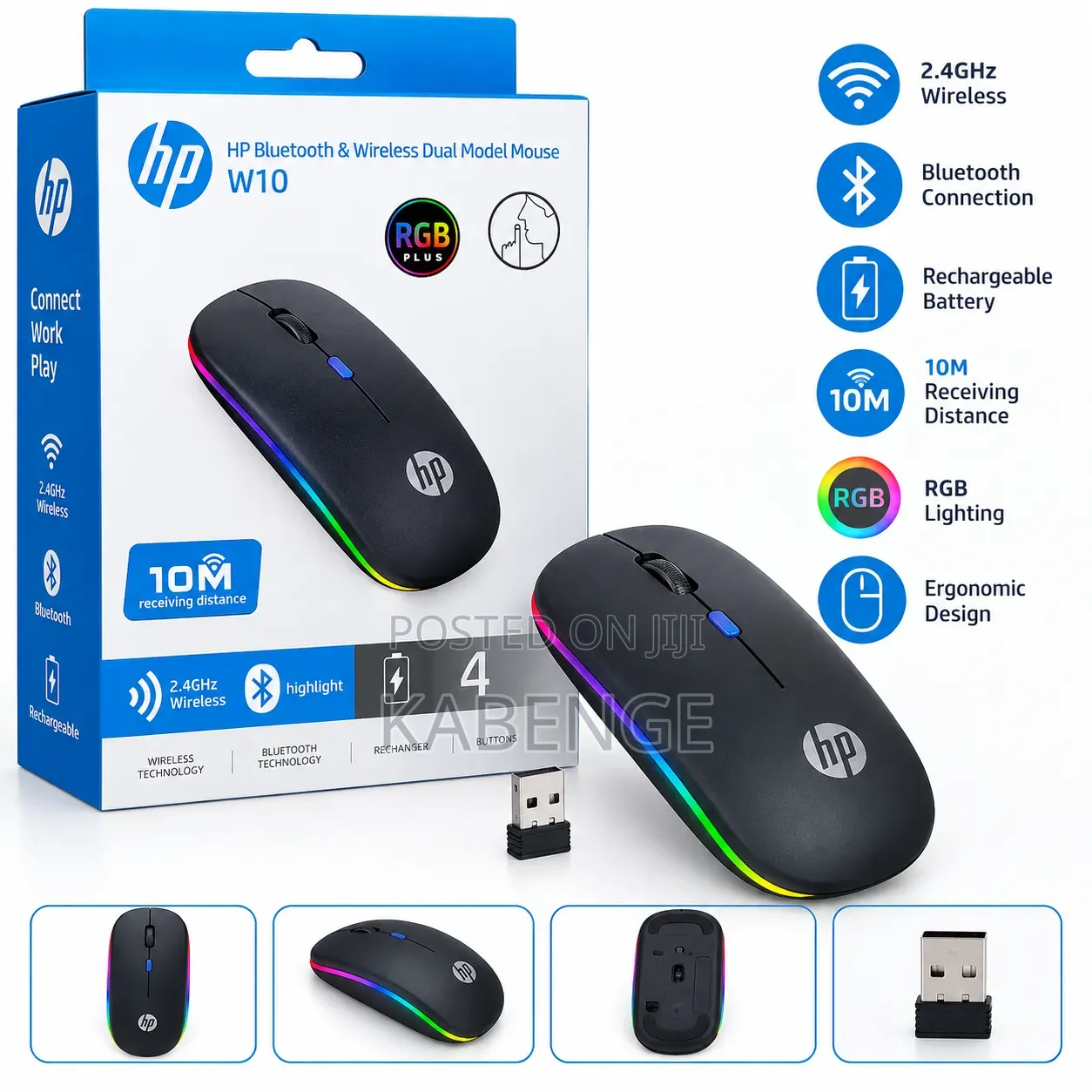 HP W10 DualBluetooth &Wireless Rechargeable Mouse With RGB Lighting
