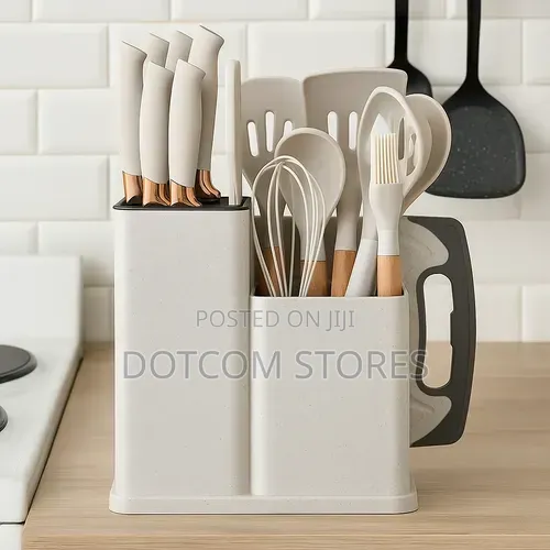 19pc Silicone Kitchen Utensil and Knife Set With Wooden Handles