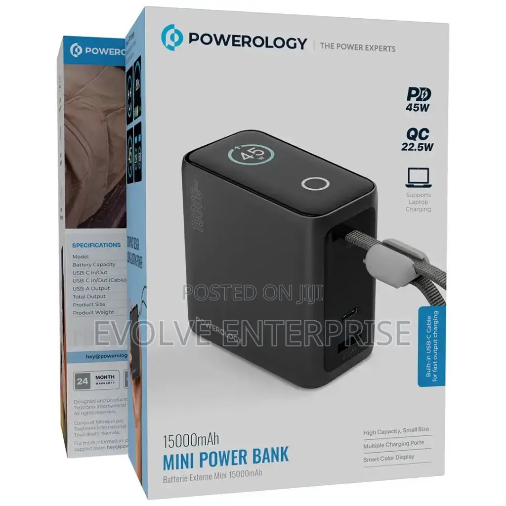 Powerology 15000mah Mini Power Bank 45W With Smart Color Display