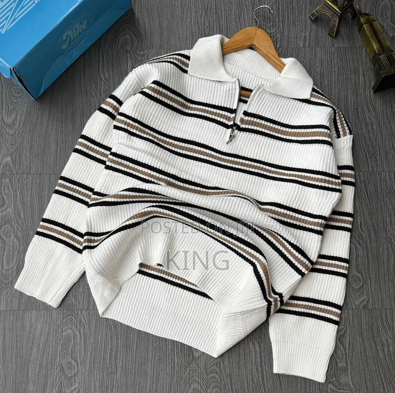 Black-and-White Striped Knitted Half-Zip Pullover Sweater