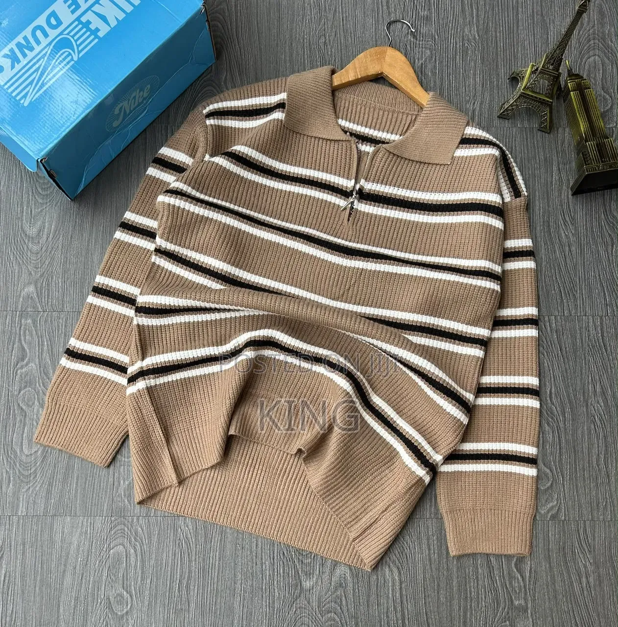 Black-and-White Striped Knitted Half-Zip Pullover Sweater