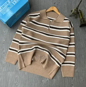 Black-and-White Striped Knitted Half-Zip Pullover Sweater