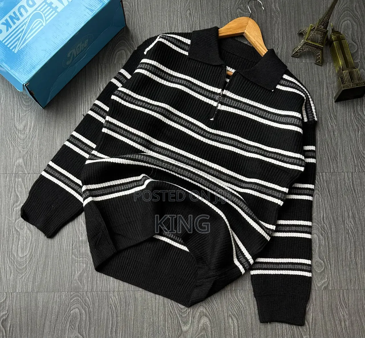 Black-and-White Striped Knitted Half-Zip Pullover Sweater