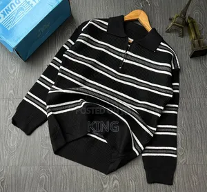 Black-and-White Striped Knitted Half-Zip Pullover Sweater
