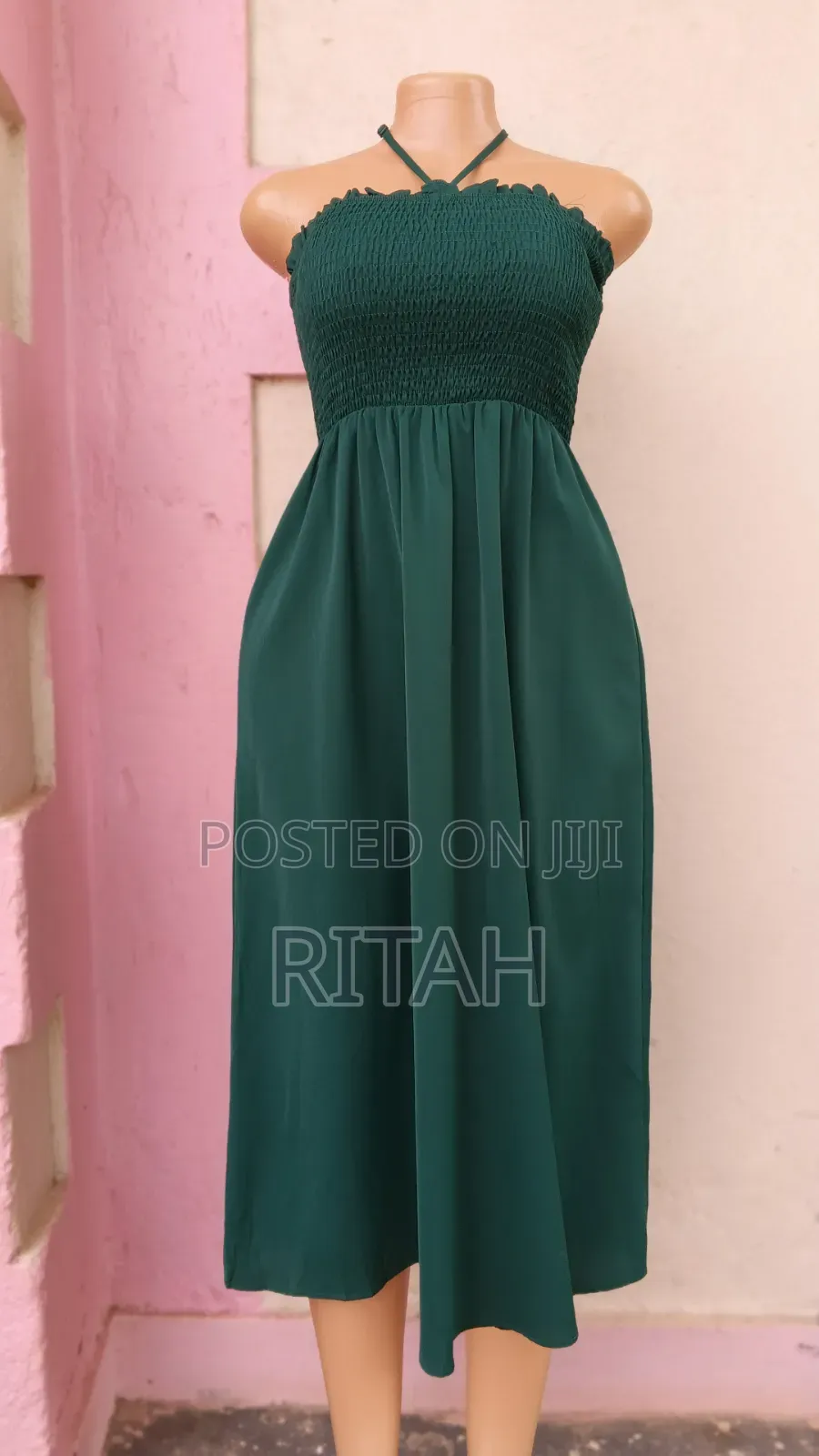 Beautiful Dark Green Smocked Midi Dress With Halter Tie Straps.