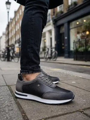 Pair of Black and Grey Low-Top Casual Leather and Nubuck Sneake