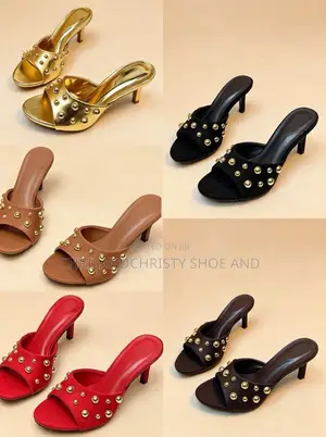 Classy Studded Gold Open Toe Heels and Bow Knot Pearl Low Heel Mules
