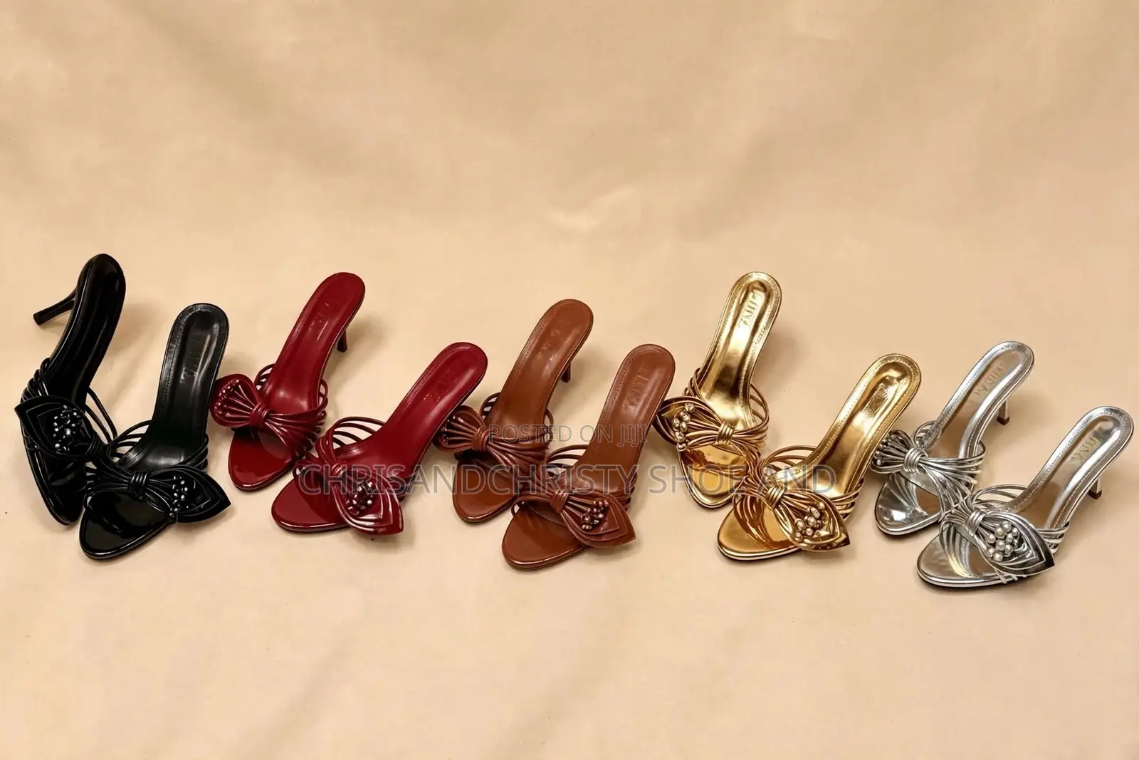 Classy Studded Gold Open Toe Heels and Bow Knot Pearl Low Heel Mules