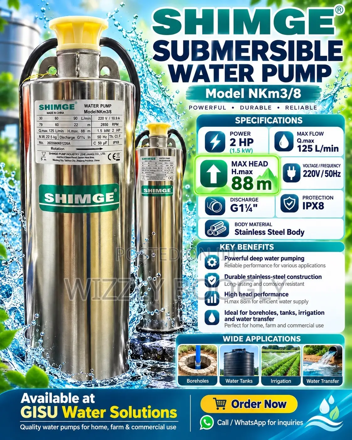 SHIMGE 2HP Deep Well Submersible Water Pump – 88M Head | 125l/Min |