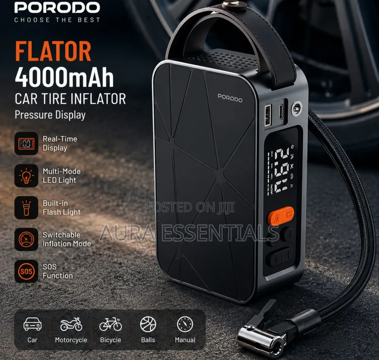 Porodo Flator 4000mAh Portable Car Tire Inflator