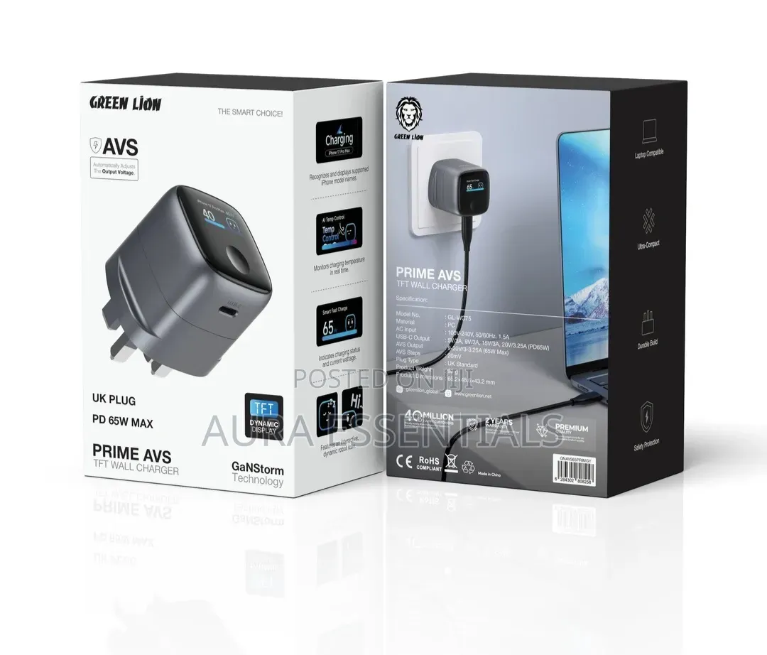 Green Lion Prime AVS TFT Wall Charger With GaNStorm Technology